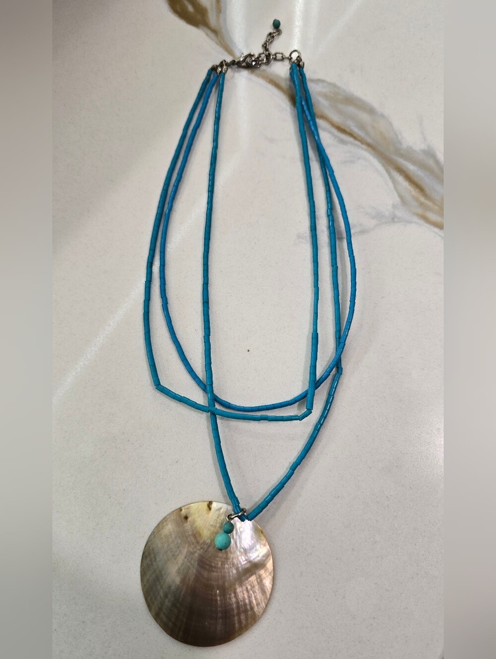 Turquoise Beaded Multi-Strand Necklace with Shell Disc Pendant